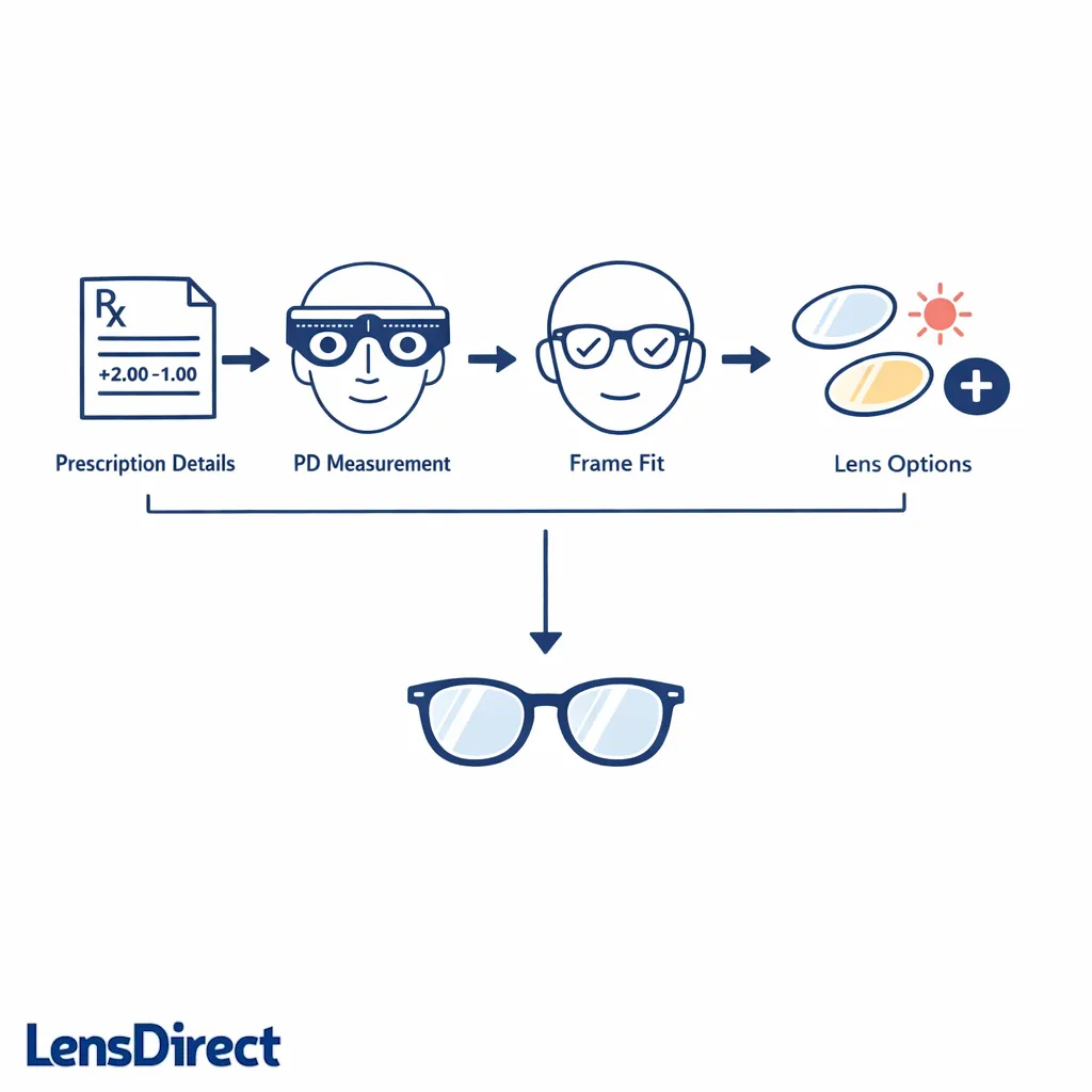 A final visual combines prescription, PD, fit, and lens choices into one confident ordering path.