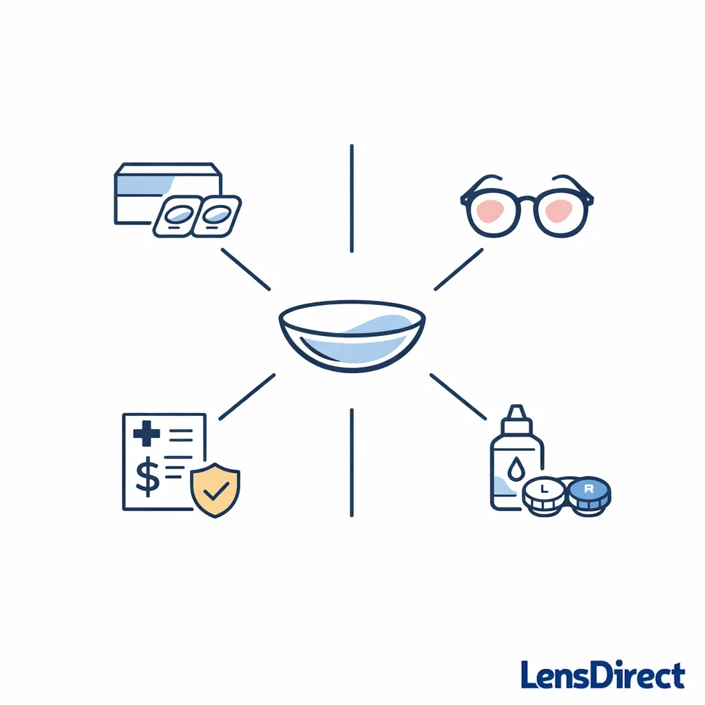 A central contact lens is surrounded by simple paths for contacts, glasses, reimbursement, and lens replacement.