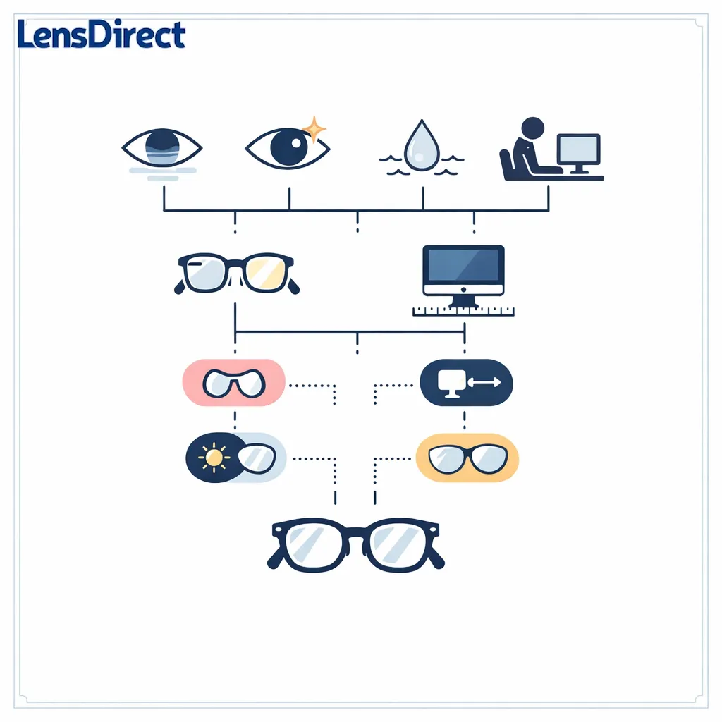 A simple decision path connects blur, glare, fit, and screen distance to the right glasses choice.