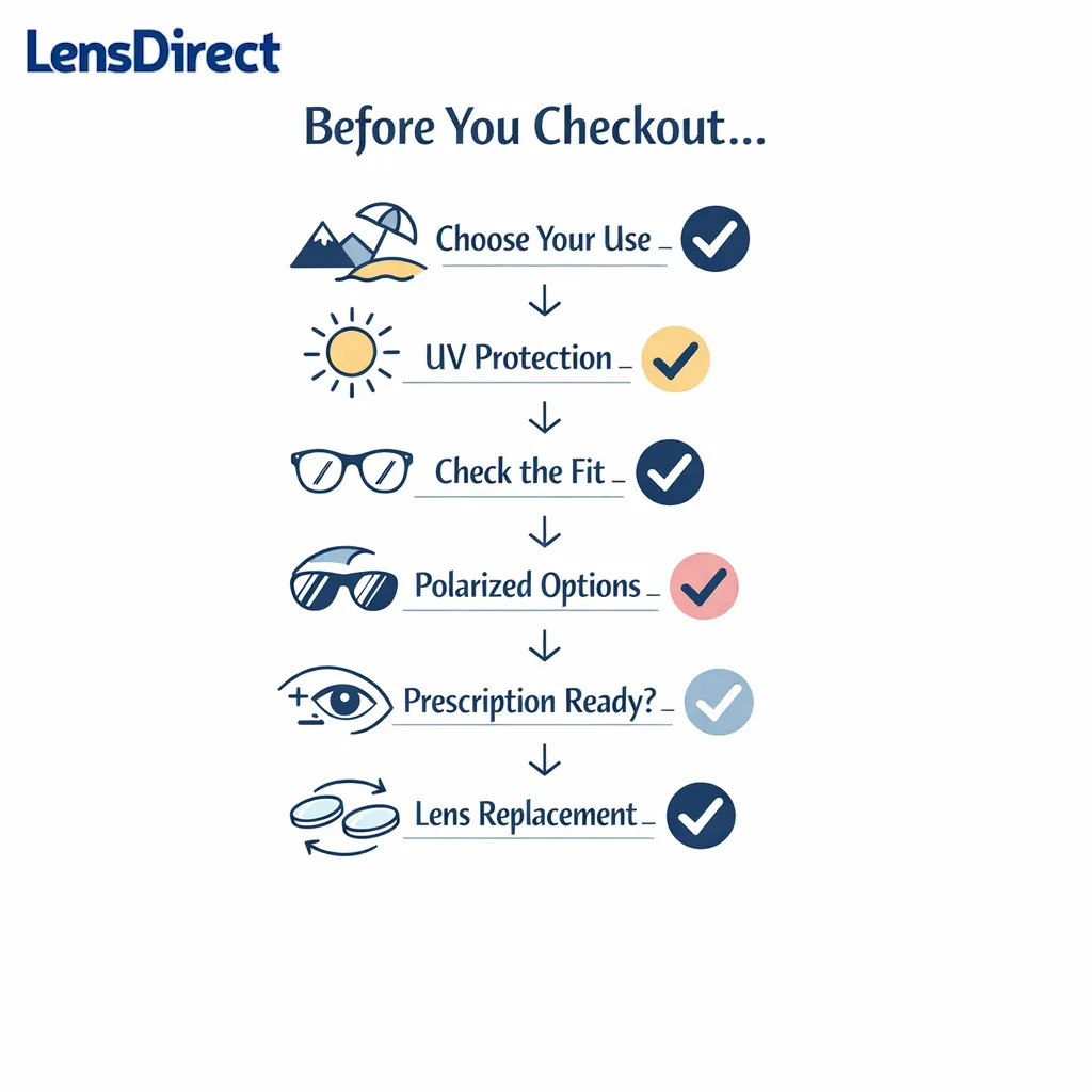 A final step-by-step checklist summarizes use case, fit, UV protection, and lens options.
