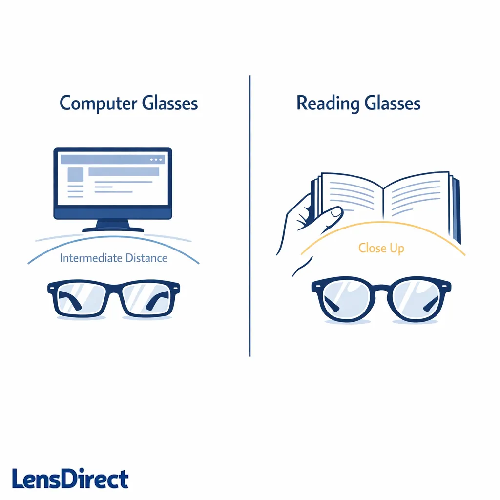 Two pairs of glasses compare screen-distance use with close-reading use in a clean split layout.
