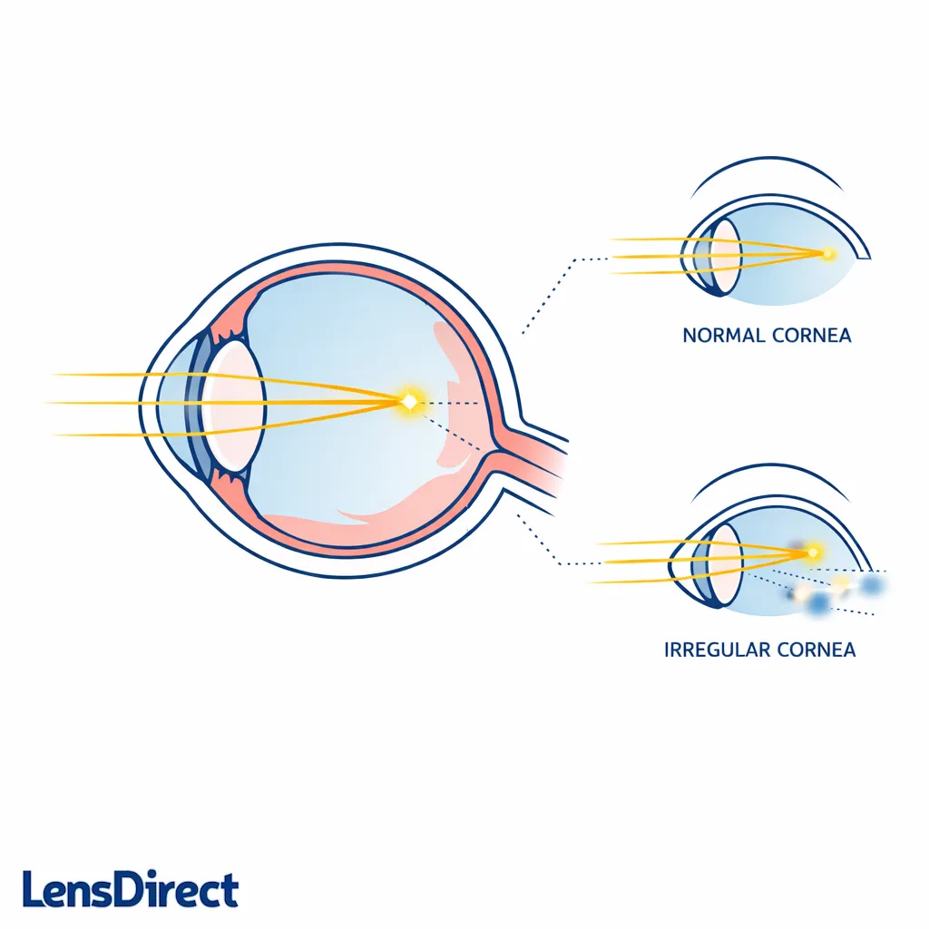 An eye diagram illustrates uneven corneal curvature causing smeared focus and distorted vision.