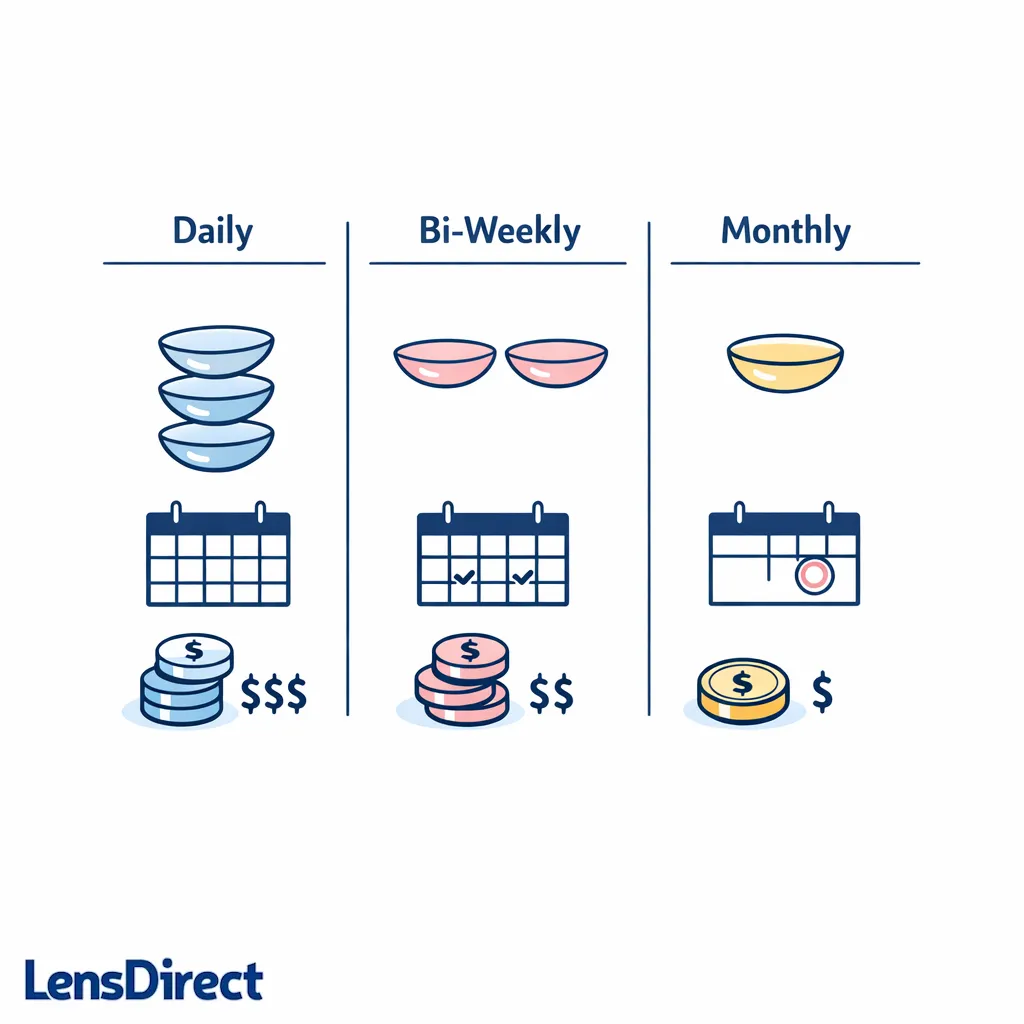 Three simple contact lens icons compare daily, biweekly, and monthly annual cost ranges.
