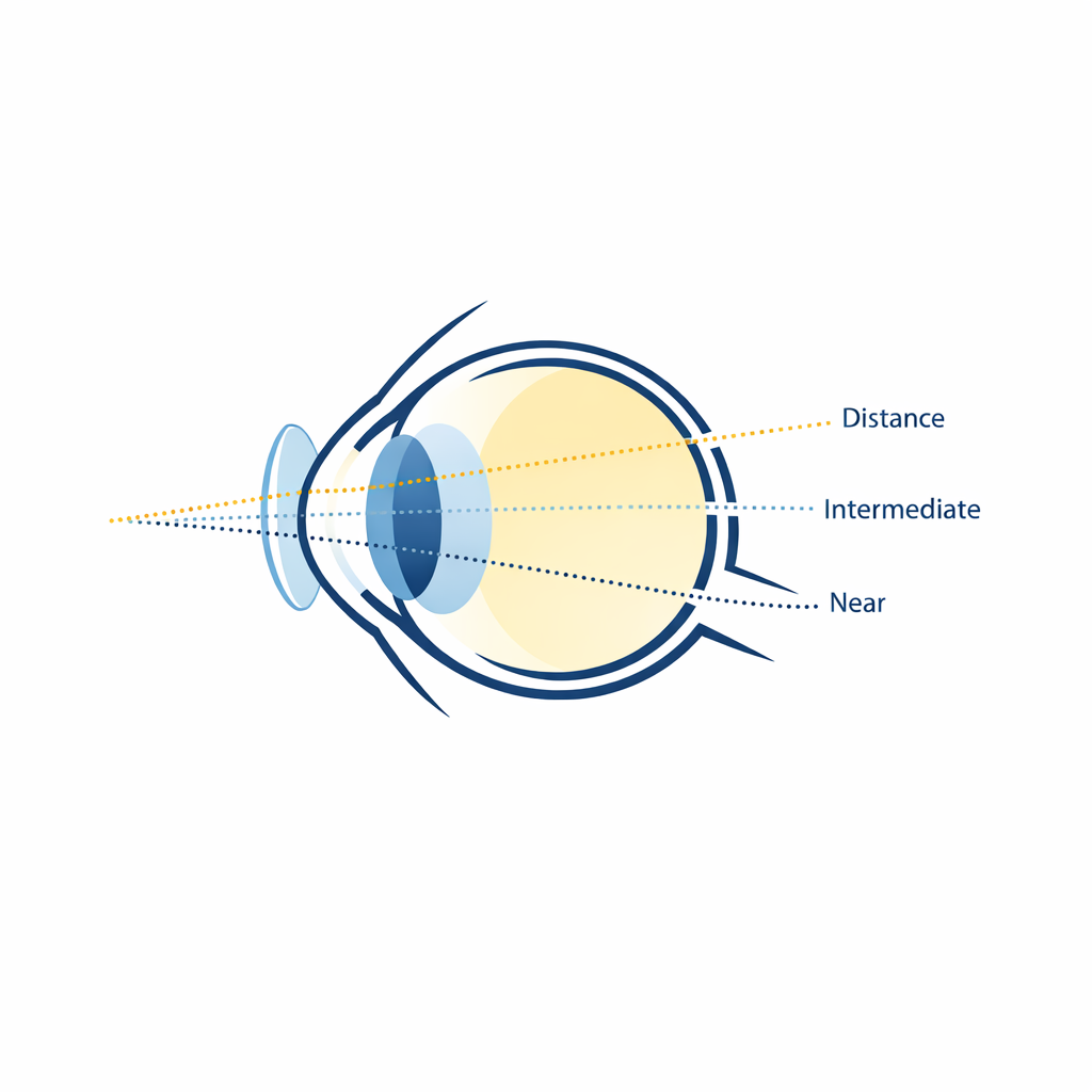 A simple eye and lens graphic shows multiple focal options reaching the eye at once.