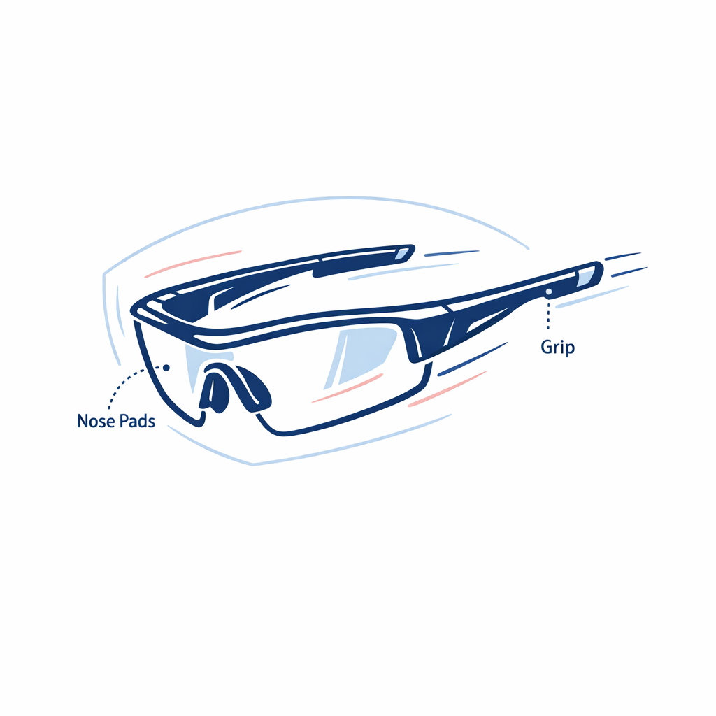 Minimal sport sunglasses diagram with motion lines, grip points, and wrap coverage for active use.