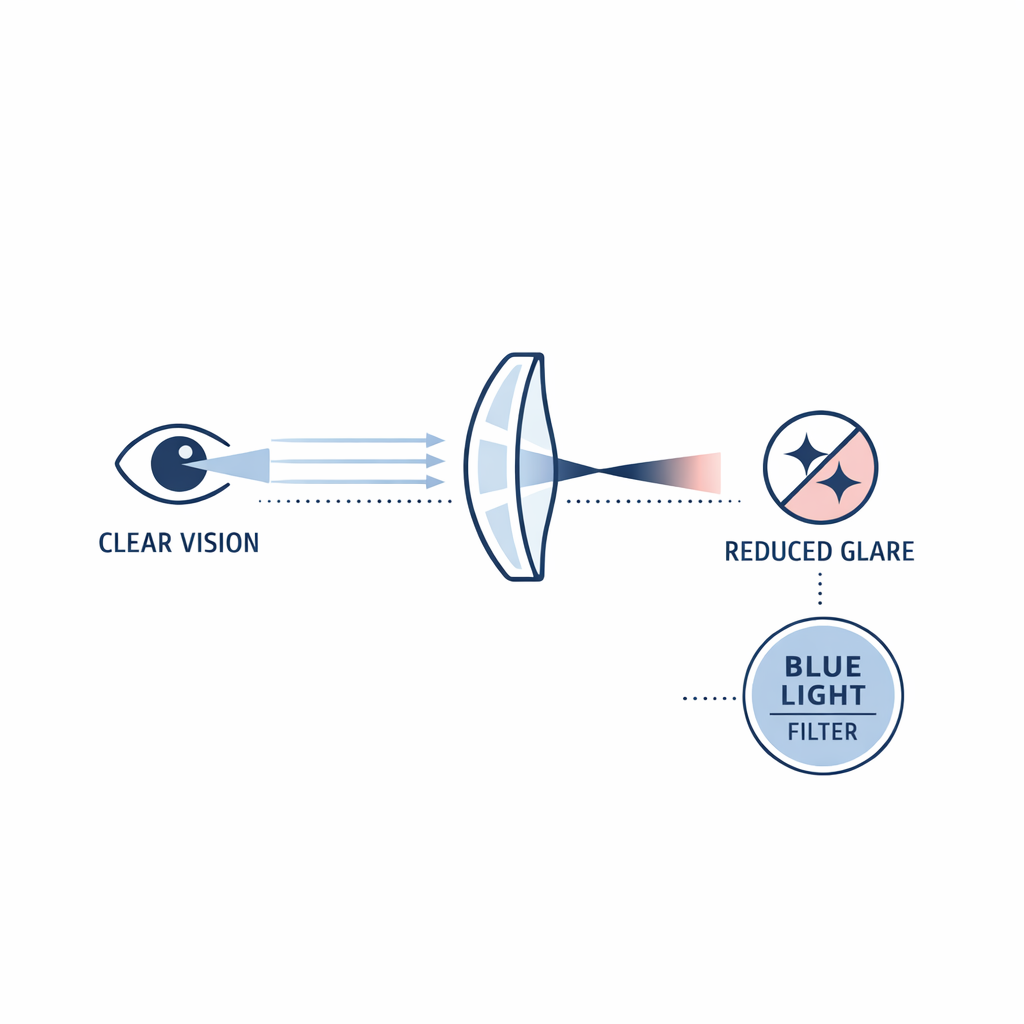 A small blue filter icon appears as an optional add-on beside larger symbols for focus and anti-glare.