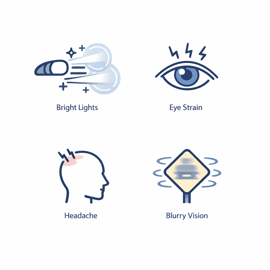 Minimal icons depict glare, eye strain, headaches, and blurry road signs linked to astigmatism symptoms.