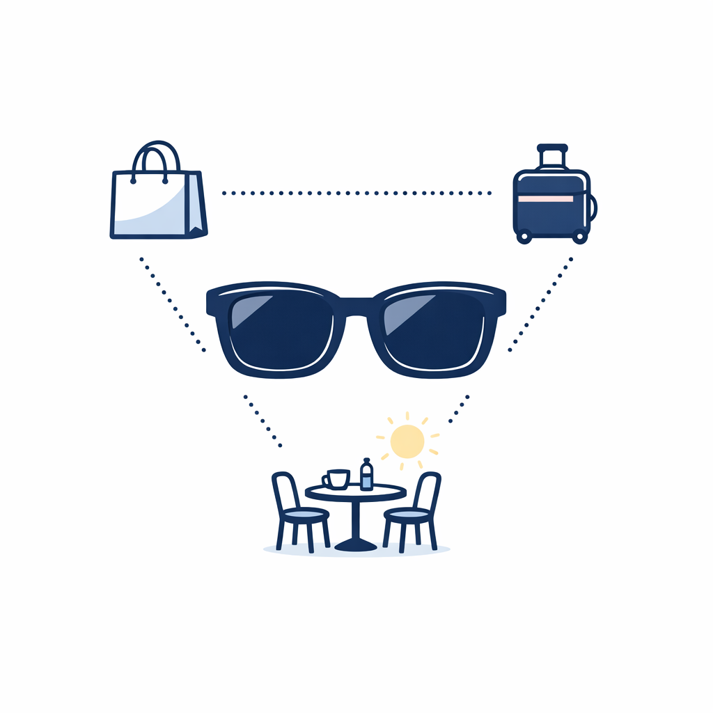 Classic sunglasses surrounded by simple icons for errands, travel, and outdoor dining versatility.