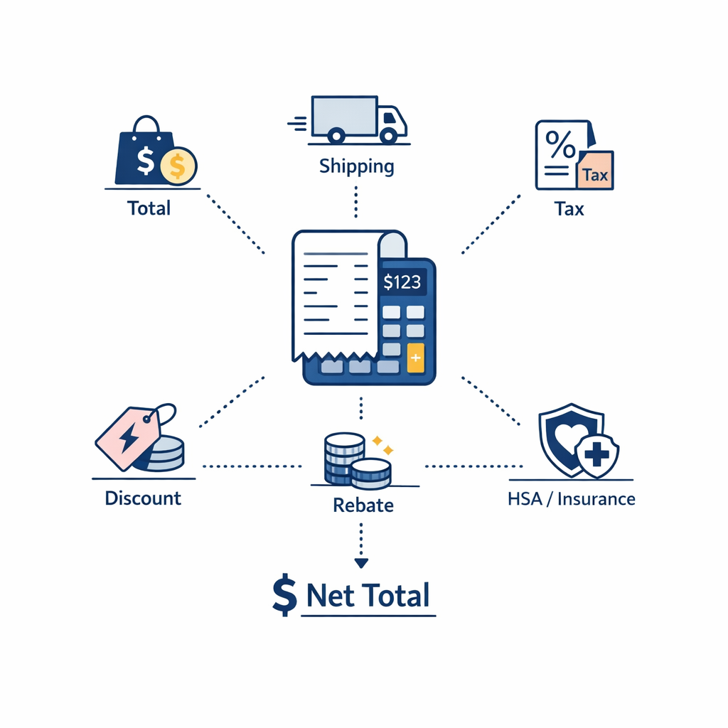 A clean formula graphic shows total cost after shipping, discounts, rebates, and benefits.