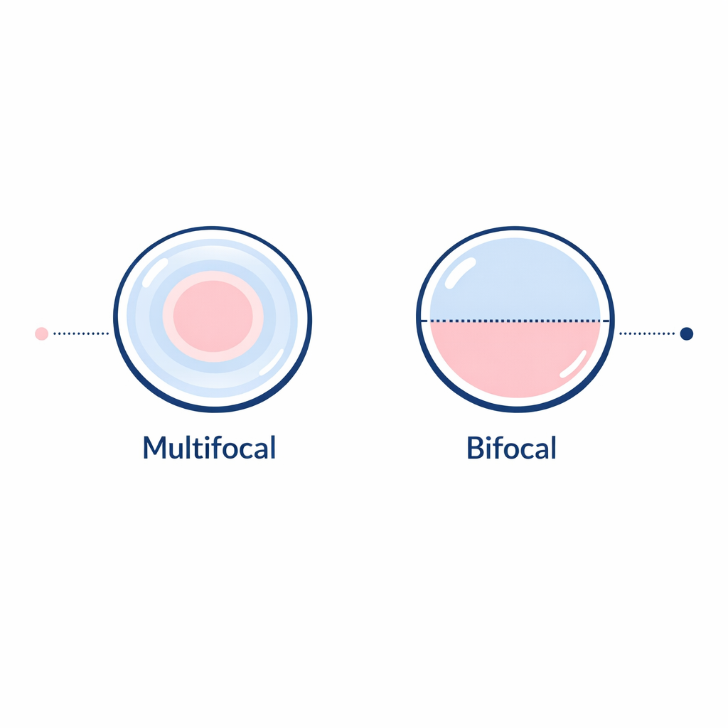Two clean lens diagrams compare smooth multifocal zones with a simpler two-power bifocal concept.