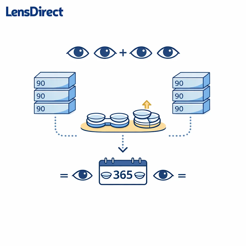 Line-art box math shows how daily contact lenses add up to a year supply for both eyes.