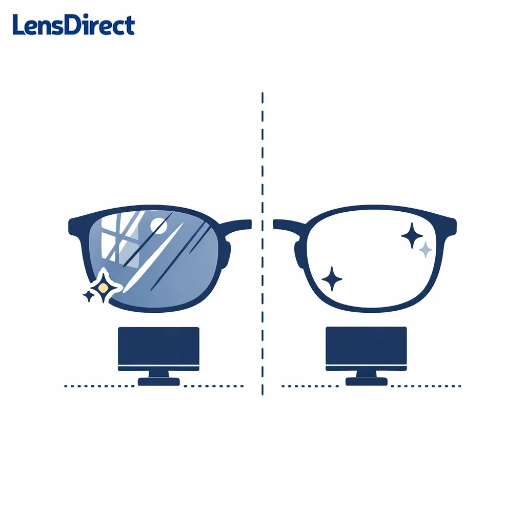 A lens and monitor illustration contrasts distracting reflections with a cleaner anti-reflective view.