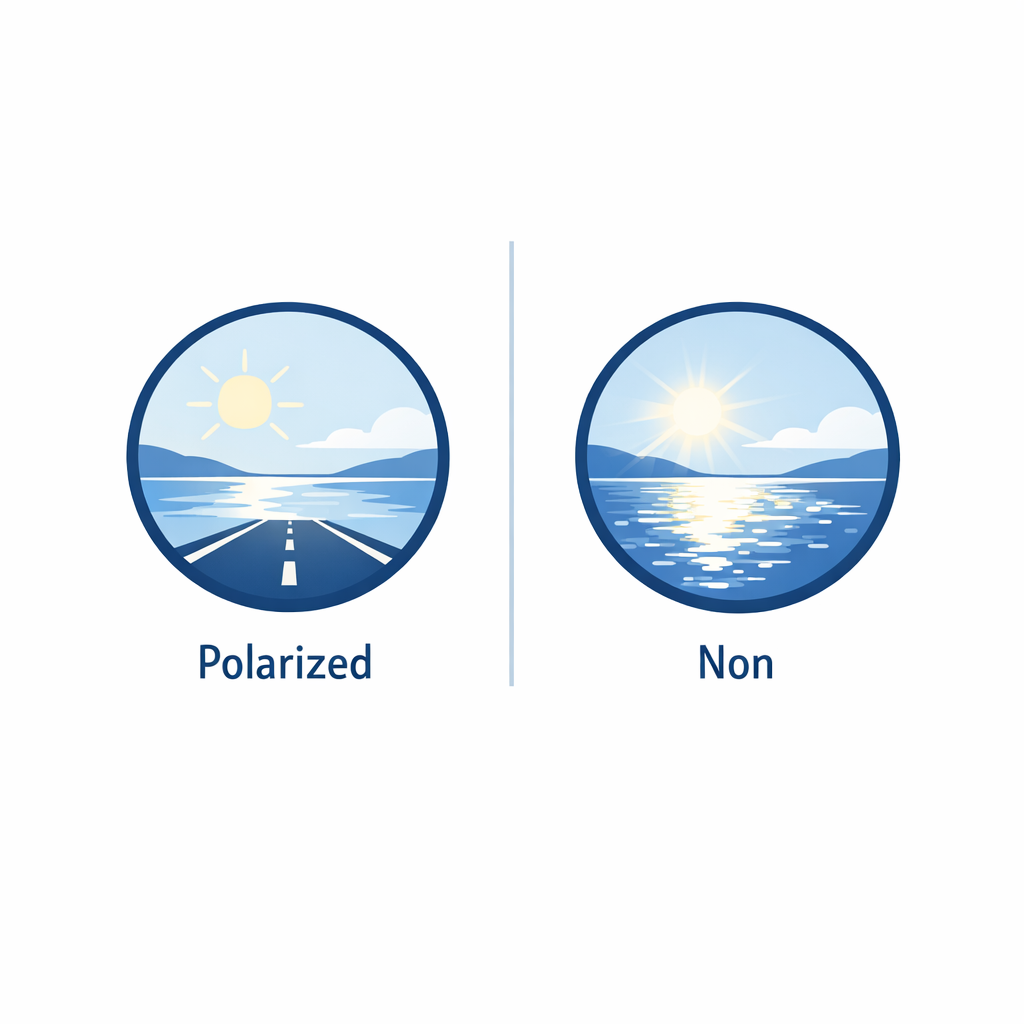 Split diagram comparing reflected glare reduction in polarized and non-polarized sunglass lenses.