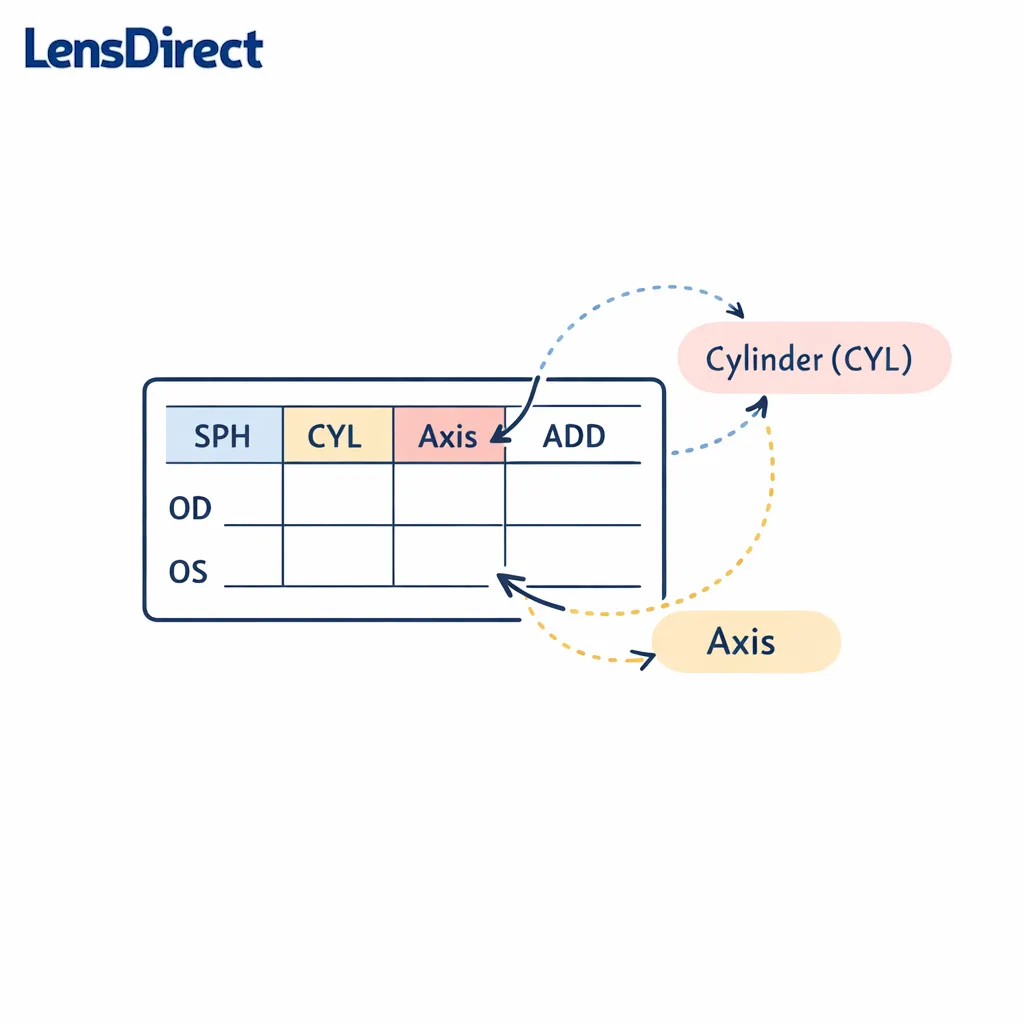 A clean prescription card highlights SPH, CYL, Axis, and ADD fields for online ordering.