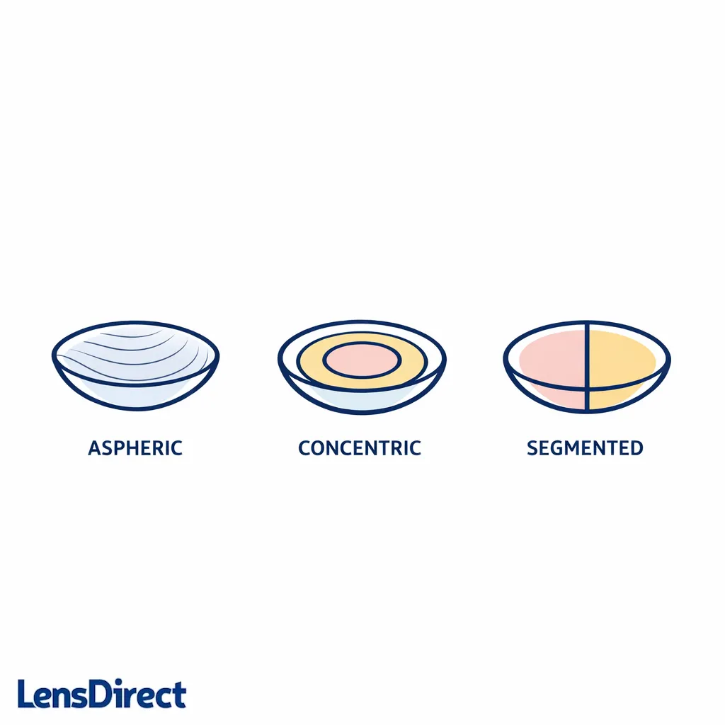 Three lens diagrams show aspheric, concentric, and segmented designs in a neat visual lineup.