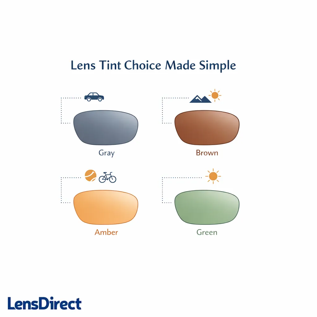 Four simple lens tint swatches compare gray, brown, amber, and green for different uses.