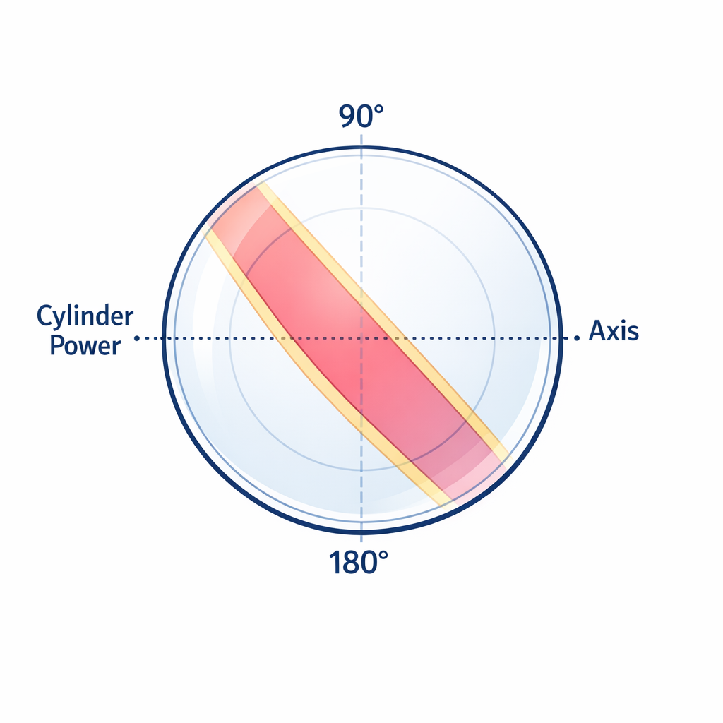 A lens diagram uses directional markings to show how cylinder power and axis work together.