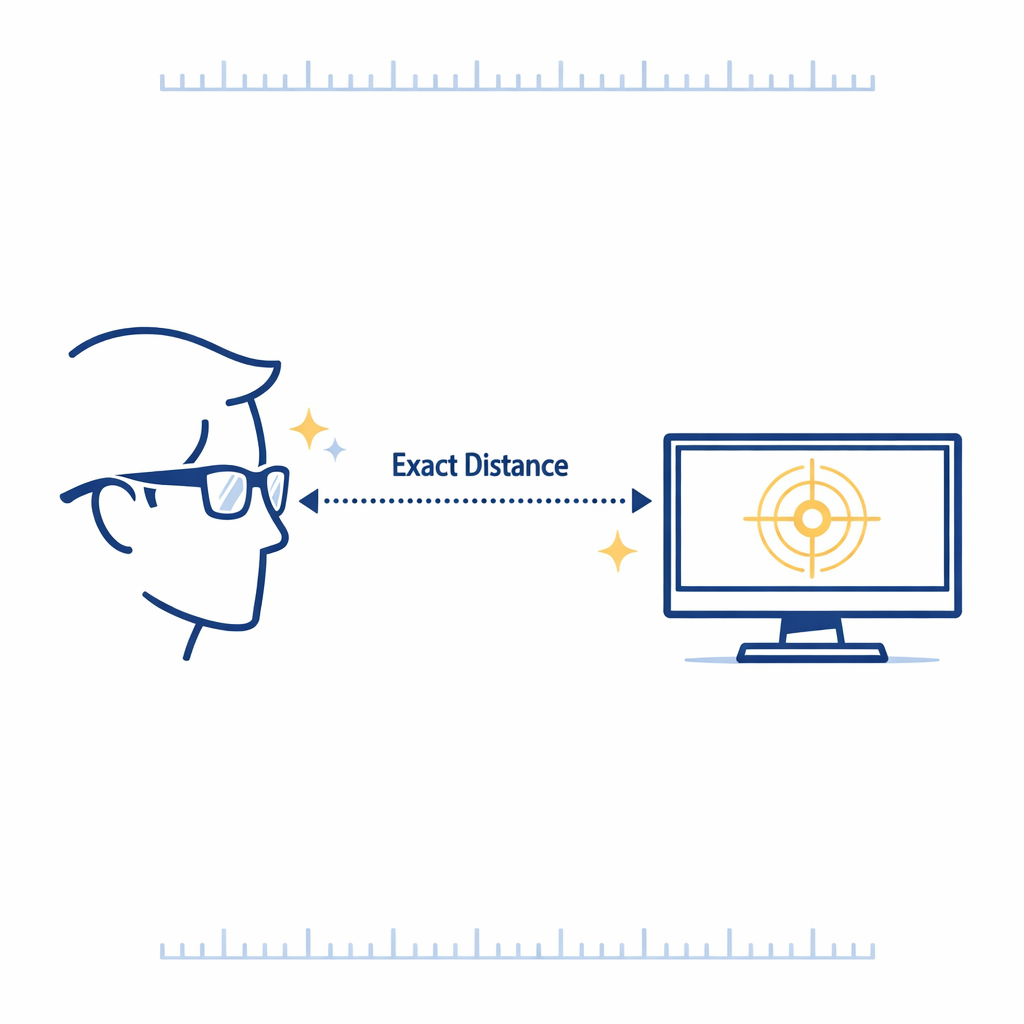 A ruler-like distance guide connects eyes, glasses, and a monitor in a simple workspace diagram.