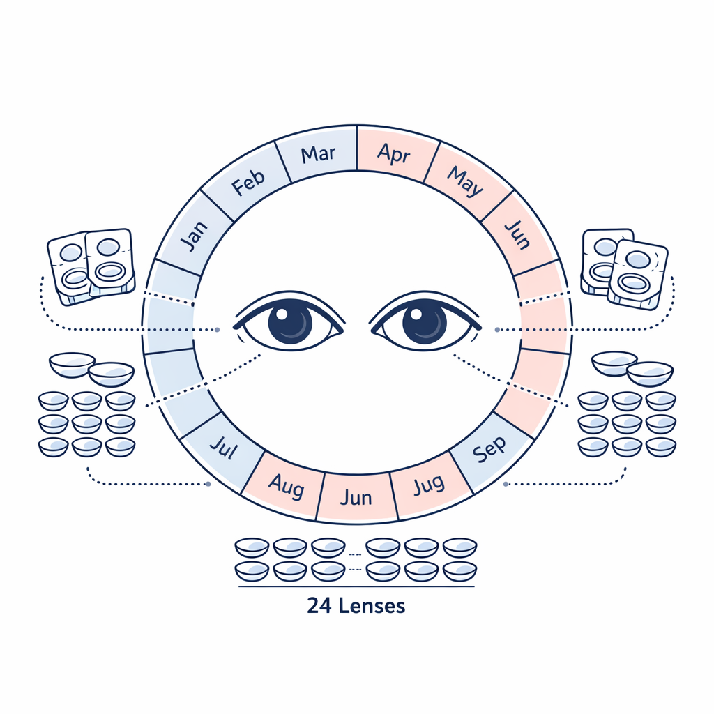 Simple monthly contact lens diagram shows 12 lenses per eye and 24 total for the year.