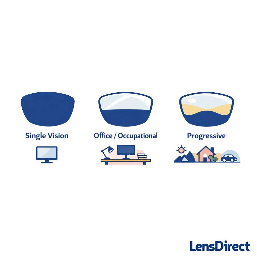 Three lens options are shown as clear visual choices for single-vision, office, and progressive use.