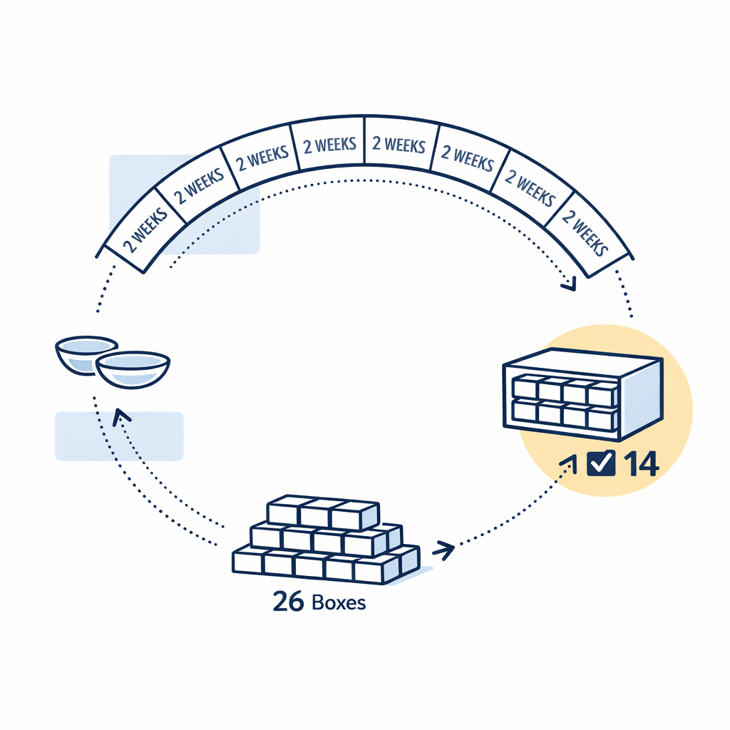 Biweekly replacement timing is shown with a calendar and rounded box count for a full year.