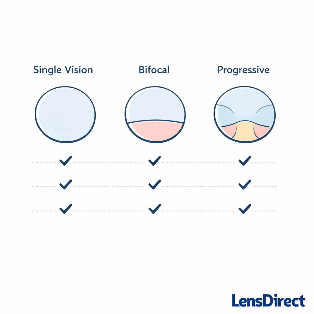 A side-by-side lens comparison contrasts single vision with bifocal and progressive options.