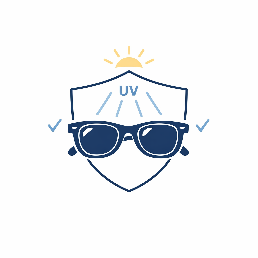 Shielded sunglasses icon with sun rays emphasizes UV protection as the top priority.