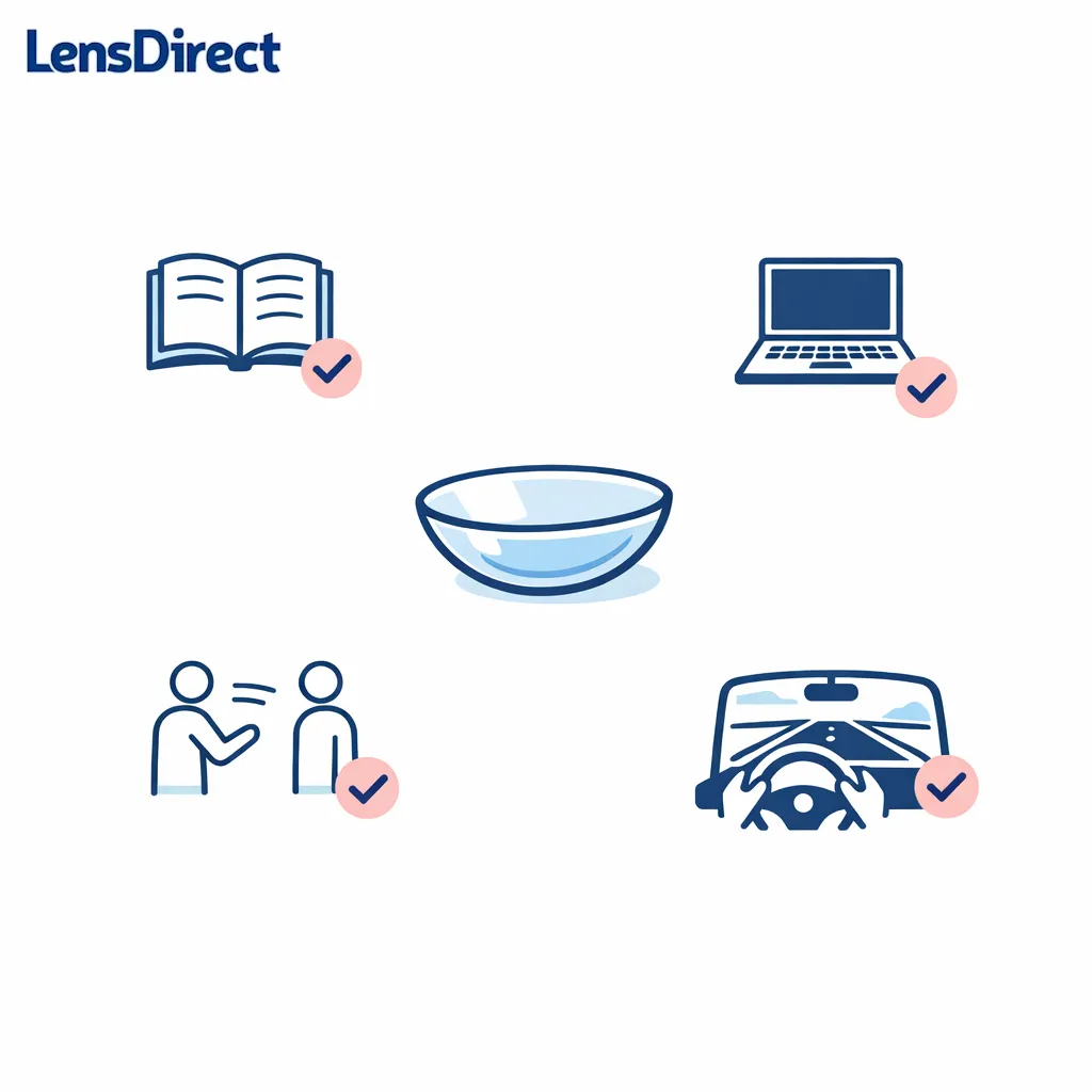 A checklist around a contact lens highlights mixed daily tasks like reading, screens, and driving.