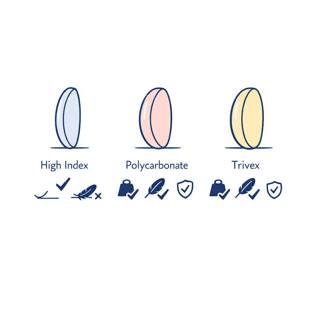A simple materials chart compares thinner, lighter, and more durable lens options.