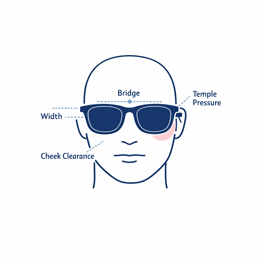 Face and sunglasses line diagram highlights bridge, width, and cheek clearance for better fit.
