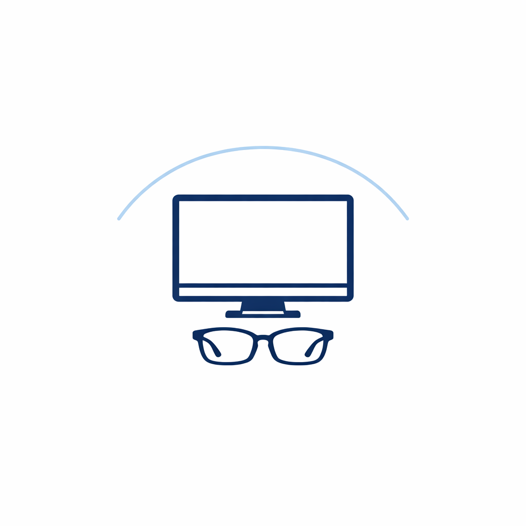 A centered monitor and one pair of glasses illustrate a straightforward single-distance setup.