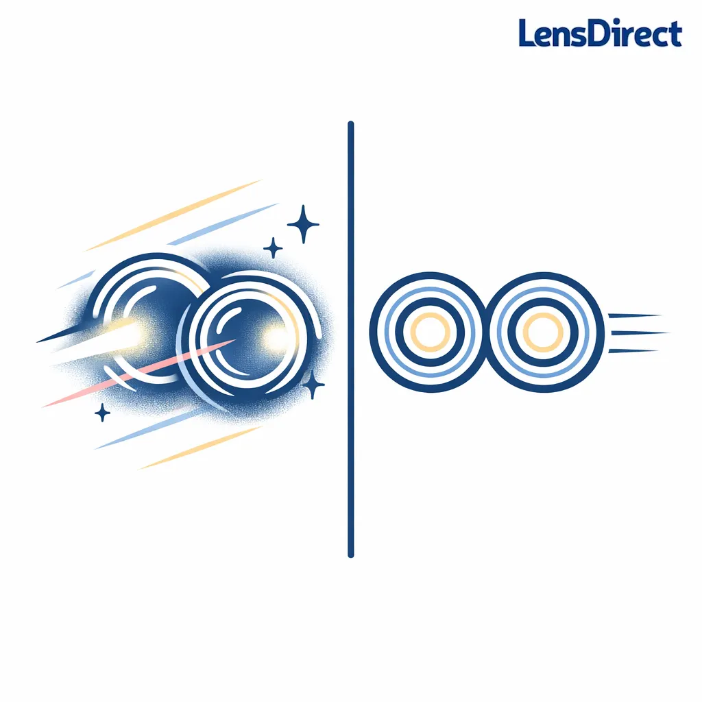 Headlights and lens reflections are contrasted with a cleaner anti-reflective view.