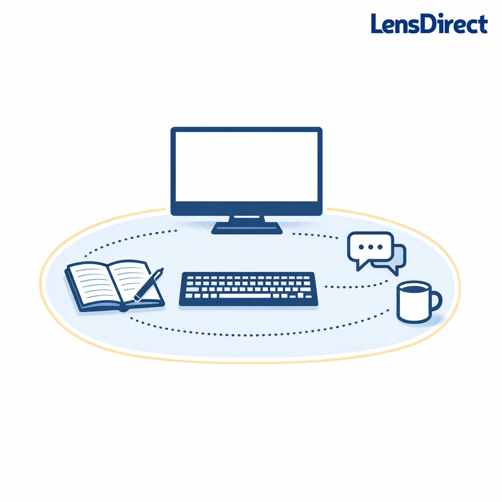 Monitor, keyboard, notes, and conversation distance are grouped into one comfortable desk zone.