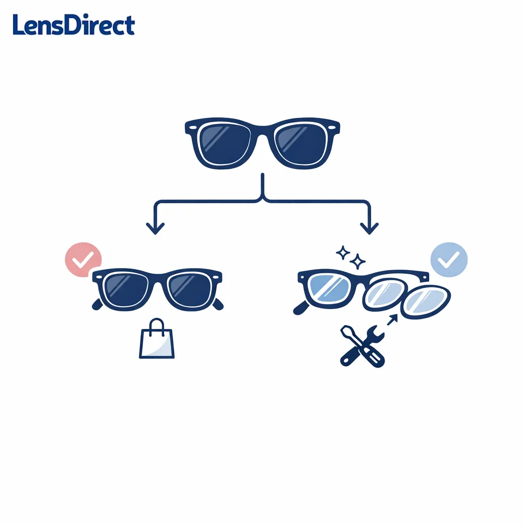 Decision path graphic compares buying new prescription sunglasses with replacing existing lenses.